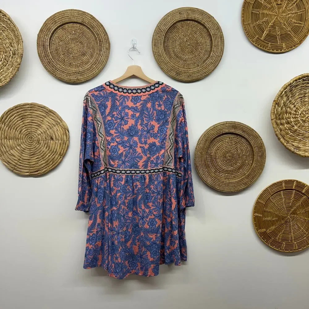 NEW J Jill Floral Embroidered Tunic Top Large Pink Blue Flower 3/4 Length Sleeve - Picture 3 of 7